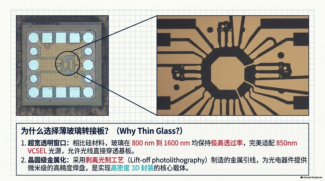 薄玻璃中介层兼具光学透明性与晶圆级金属化能力，可承载 VCSEL/PD 及其驱动、接收电路