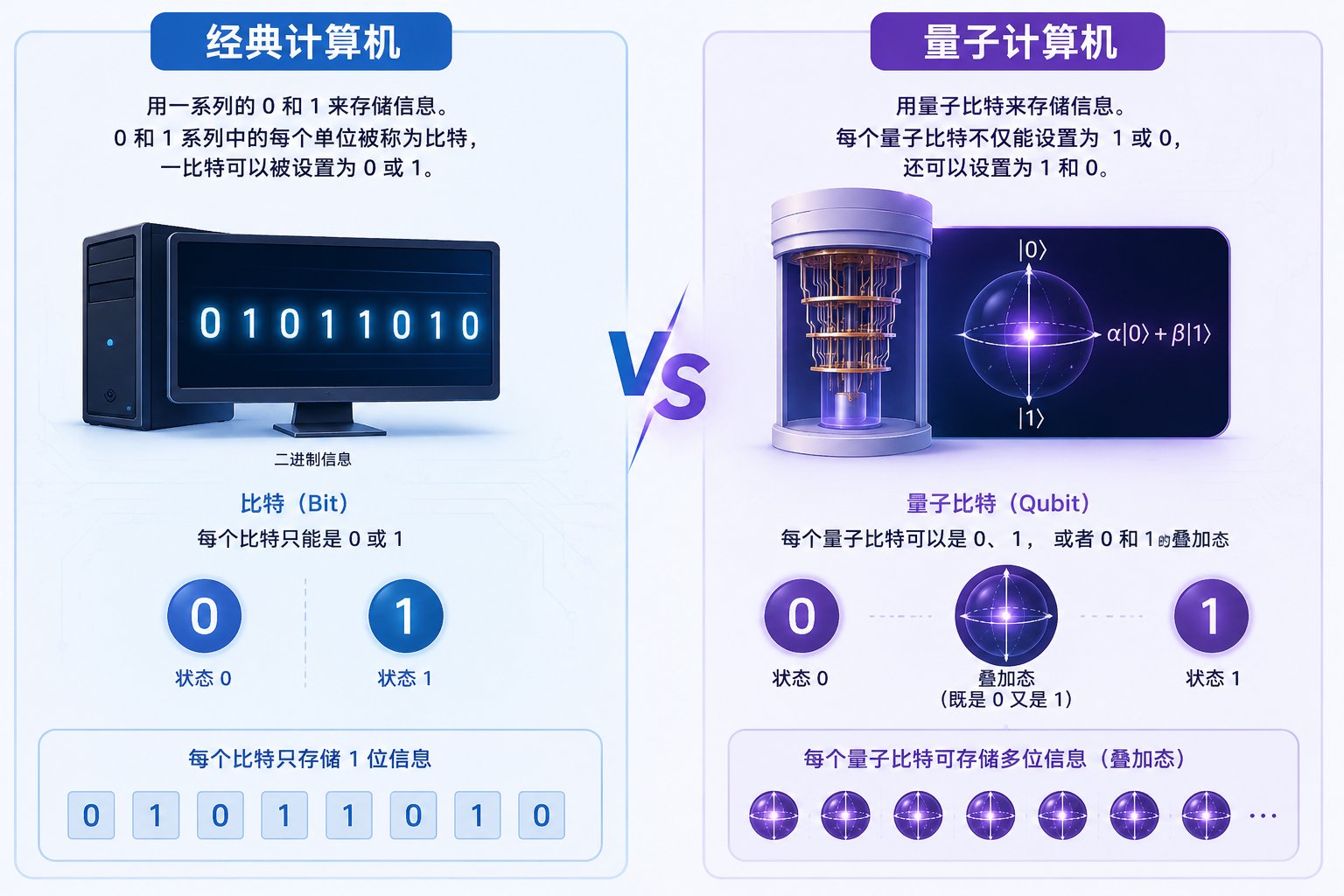 量子计算机使用量子比特来存储计算，有别于经典计算机只能表示 0 或 1 的比特