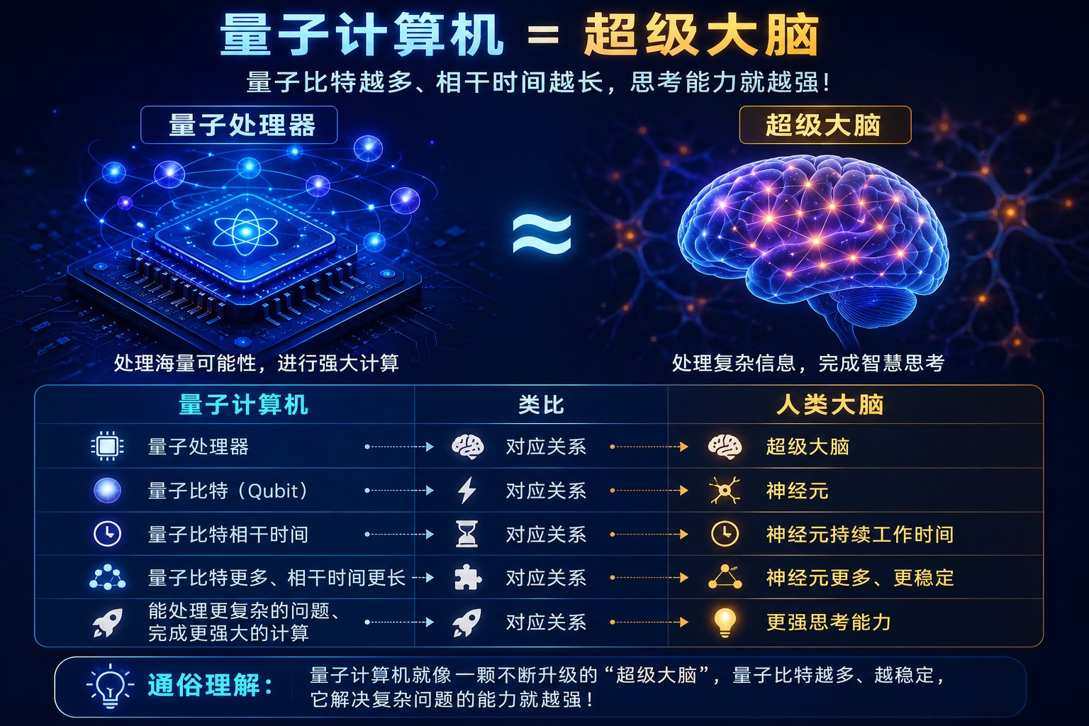 量子计算机好比超级大脑，量子比特好比大脑的神经元