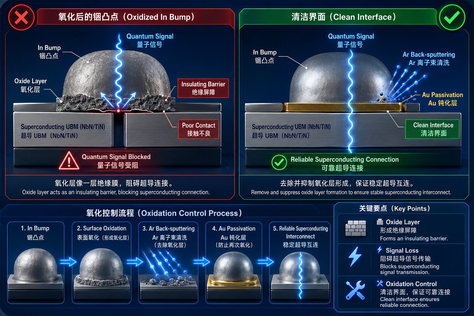 氧化后的铟凸点会形成绝缘屏障阻碍量子信号；键合前须去除 UBM 表面天然氧化层，保证可靠超导连接
